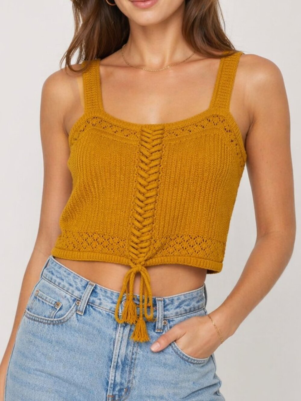 Rye Grass Mustard Knit Crop Top Boho Lace Up Sweater Tank Y2K Cottagecore